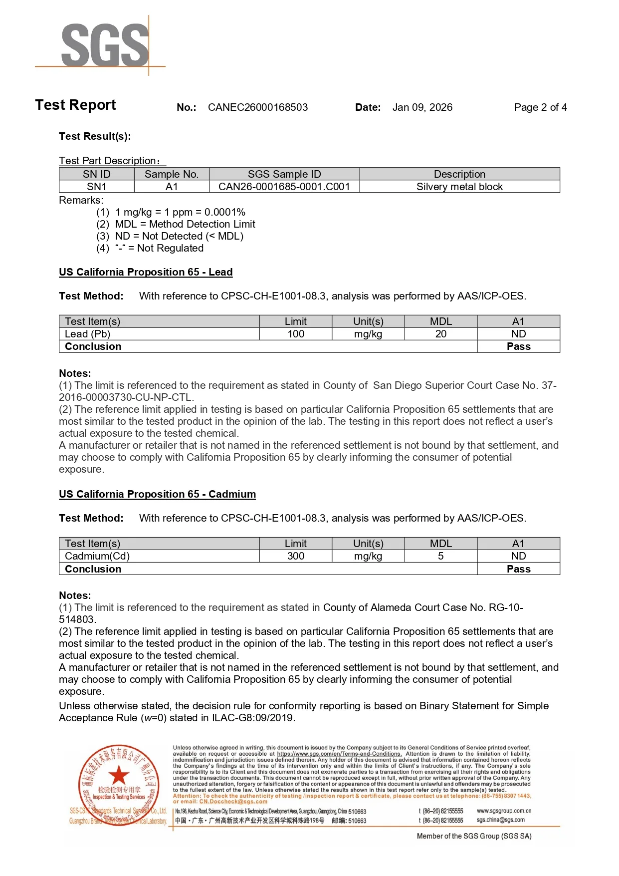 SGS California Proposition 65 test results for zinc alloy ingots showing lead and cadmium as not detected, with Pass conclusions for both test items.