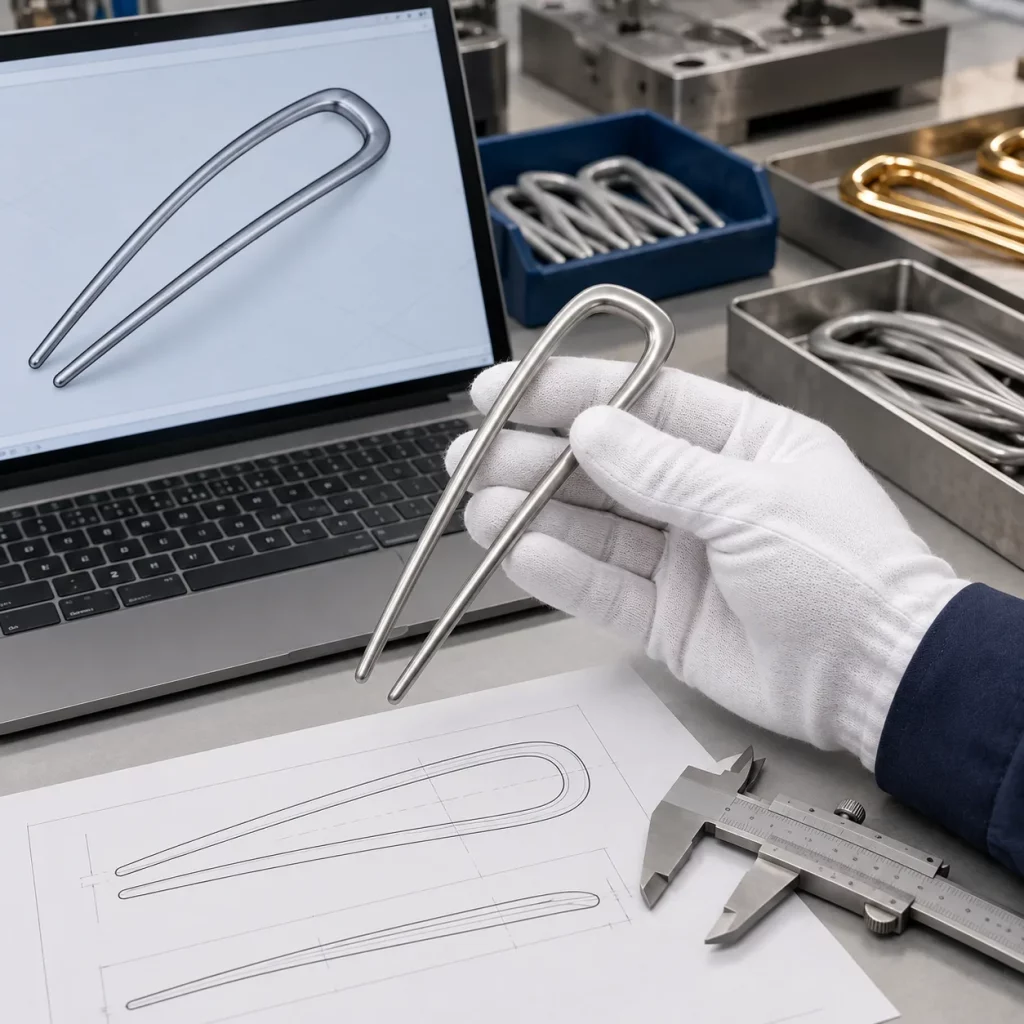 Zinc alloy U-shaped two-prong hair fork under design review with a CAD model, technical drawing, caliper, and unfinished production samples.