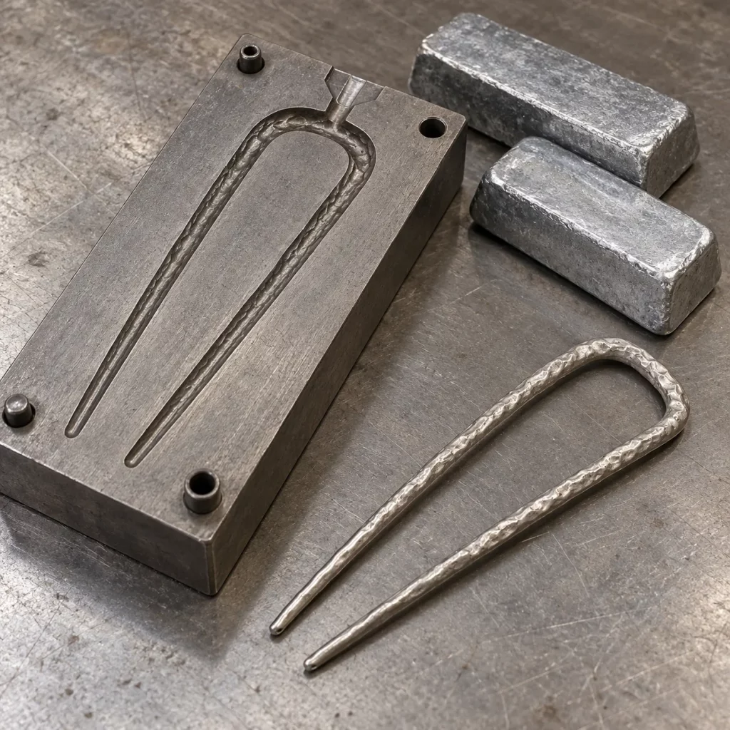 Zinc alloy U-shaped two-prong hair fork mold shown with an unfinished cast blank before trimming, polishing, plating, and final finishing.