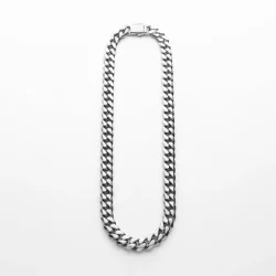 Custom polished stainless steel Miami Cuban link chain in 3:2 product shot – full length laid flat on white matte surface, top-down view with precision fold-over clasp. B2B ready for OEM/ODM orders, ideal for charm bracelet base chains or standalone jewelry.