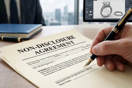 Non-Disclosure Agreement signing for custom jewelry manufacturing – IP protection, CAD design security, wholesale supplier legal compliance, B2B partnership