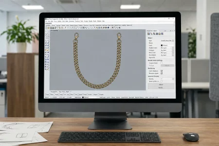 Bag Chain CAD design – all-in-one PC running jewelry software, technical drawing visible, desk with sketches, B2B custom bag chain development