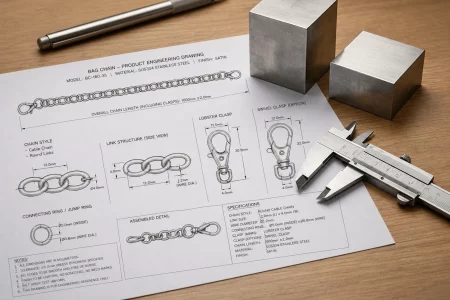 Jewelry design sketch on wooden tabletop – technical drawings for bag chain, with raw steel block, vernier caliper, and drafting pen, showcasing OEM design process