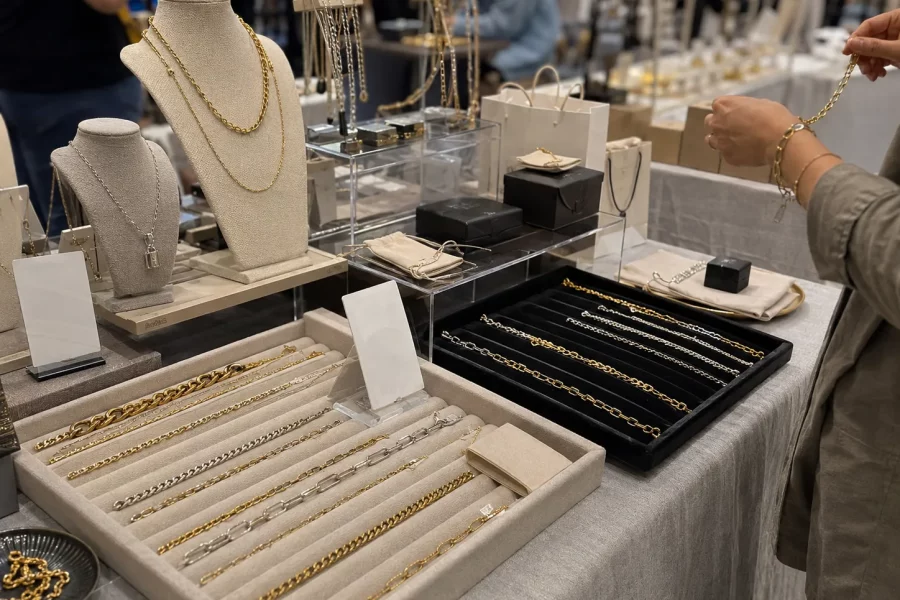 op-up store chain necklace selling display with custom package boxes, velvet trays, acrylic risers, sample cards and flexible retail setup for jewelry brands