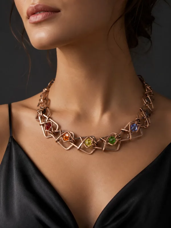 Custom women’s crystal necklace by OEM jewelry manufacturer, crafted with 316L stainless steel, geometric open links and colorful faceted stones for custom jewelry design and production