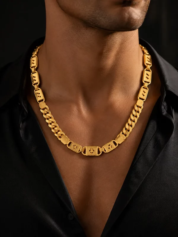 Custom men’s gold necklace made by OEM jewelry manufacturer, featuring 316L stainless steel Surgical Grade material, geometric decorative links and curb chain design for custom jewelry brand production