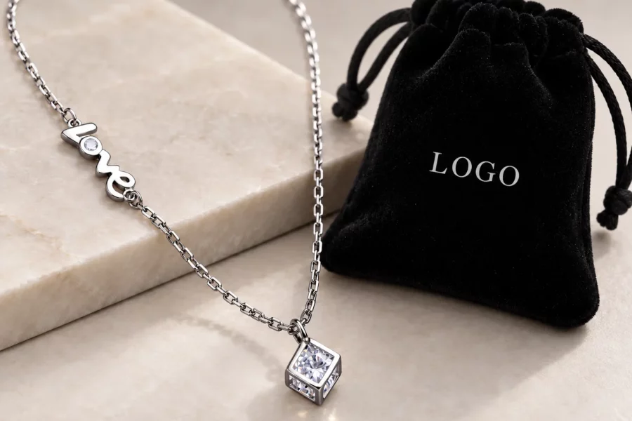 ALT： Custom stainless steel chain necklace with logo tag and branded gift packaging for promotional projects