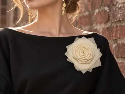 Custom fashion brooch worn on a dress, illustrating decorative brooch options for B2B fashion jewelry collections.