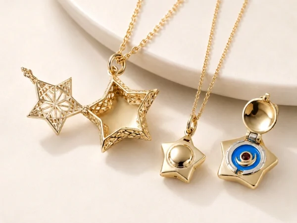 Custom star and moon stainless steel locket necklace with openwork, enamel and gemstone details for private label collections
