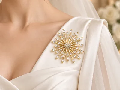 Custom crystal wedding brooch worn on a bridal dress for OEM/ODM wedding, event and fashion jewelry collections.