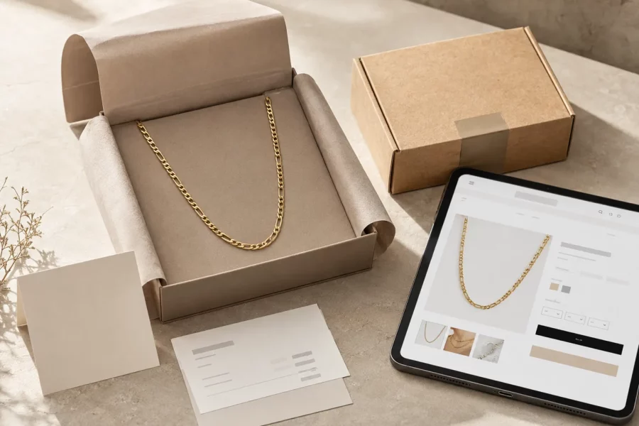 DTC chain necklace selling scene for jewelry brands featuring custom necklace packaging, website product page layout, order card, shipping mailer and OEM jewelry manufacturer service