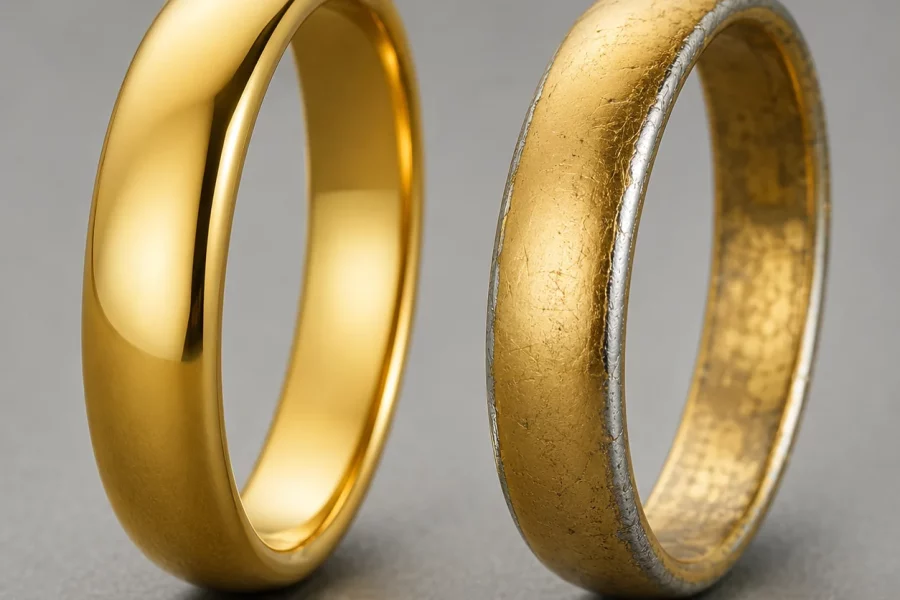 Comparison of a durable gold PVD-coated ring showing a lasting finish and a faded traditional gold-plated ring turning silver at the edges.