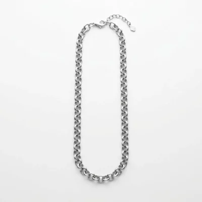 Custom polished rolo chain with lobster clasp and extension chain, laid flat in elongated oval on white background – uniform interlocking round links with soft silver luster. B2B ready for OEM/ODM orders, ideal as base chain for charm bracelets or standalone necklaces.