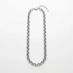 Custom polished rolo chain with lobster clasp and extension chain, laid flat in elongated oval on white background – uniform interlocking round links with soft silver luster. B2B ready for OEM/ODM orders, ideal as base chain for charm bracelets or standalone necklaces.