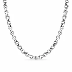 Custom polished rolo chain with lobster clasp and extension chain, laid flat in elongated oval on white background – uniform interlocking round links with soft silver luster. B2B ready for OEM/ODM orders, ideal as base chain for charm bracelets or standalone necklaces.
