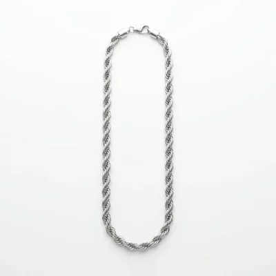 Custom high-end rope chain necklace in 1:1 flat-lay close-up – polished silver twisted texture with lobster clasp and cylindrical end cap, arranged on pure white background. B2B ready for OEM/ODM orders, ideal as premium base chain for charm bracelets or standalone jewelry.