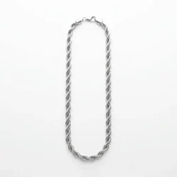 Custom high-end rope chain necklace in 1:1 flat-lay close-up – polished silver twisted texture with lobster clasp and cylindrical end cap, arranged on pure white background. B2B ready for OEM/ODM orders, ideal as premium base chain for charm bracelets or standalone jewelry.