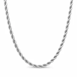 Custom high-end rope chain necklace in 1:1 flat-lay close-up – polished silver twisted texture with lobster clasp and cylindrical end cap, arranged on pure white background. B2B ready for OEM/ODM orders, ideal as premium base chain for charm bracelets or standalone jewelry.
