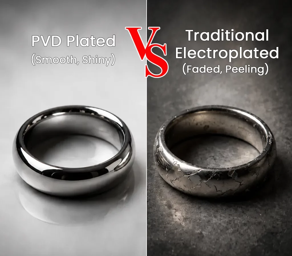 PVD-coated stainless steel jewelry offers a dense, durable finish with long-lasting shine and no peeling, while traditional electroplating often leads to cracking, fading, and coating loss.