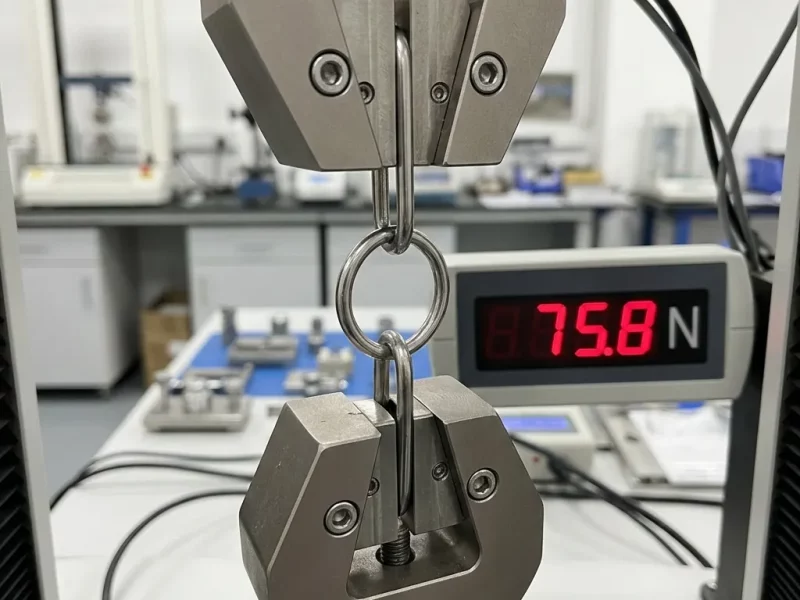 A close-up view of a metal O-ring and two chain links undergoing a tensile test in a universal testing machine within a laboratory.